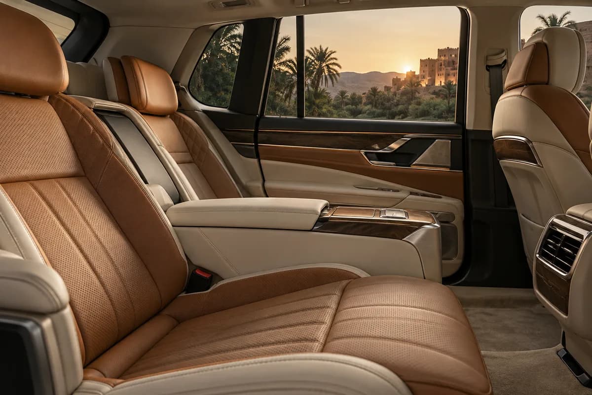 Illustrative spacious leather passenger cabin with warm natural light