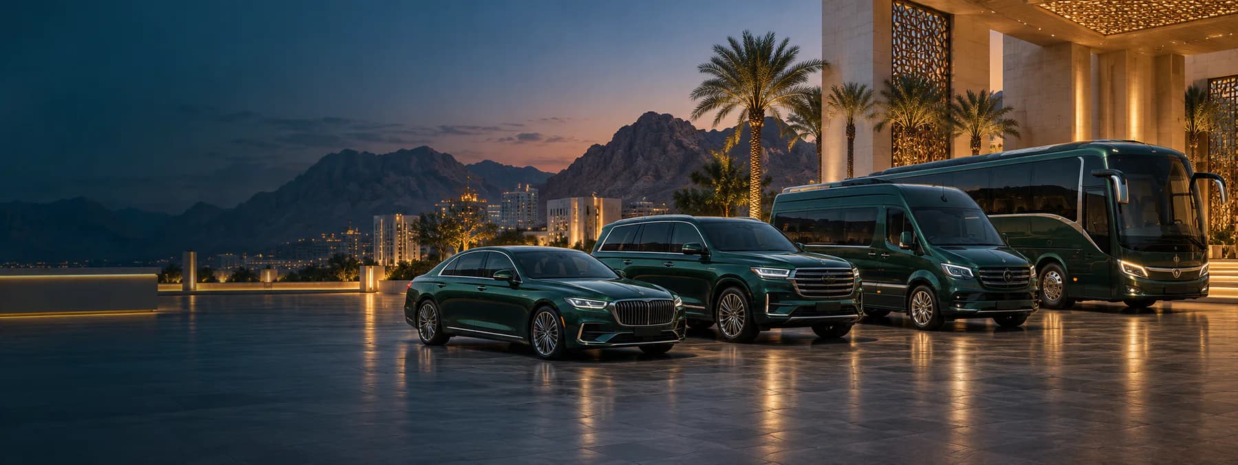 Illustrative premium transport fleet in a Makkah forecourt