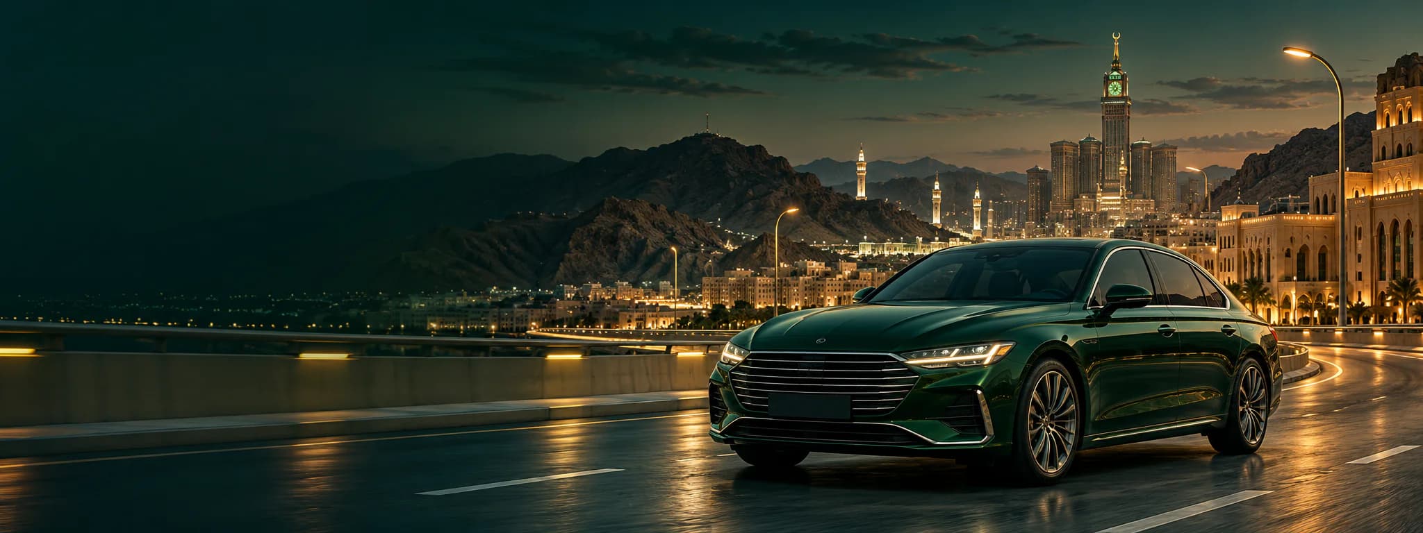 Illustrative dark green luxury sedan arriving in Makkah at dusk